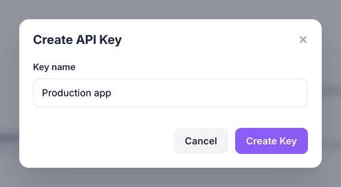The Create API Key dialog with the key name Production app