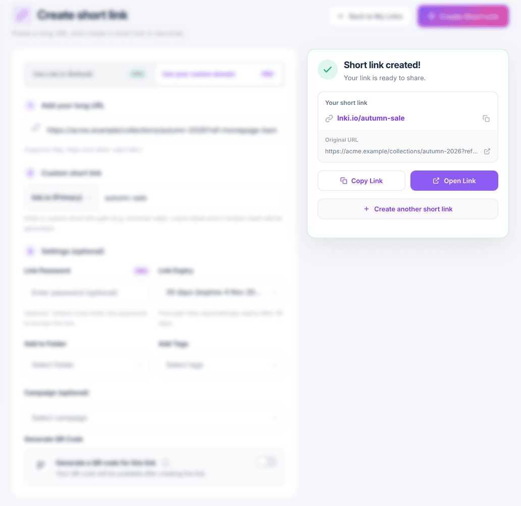 The confirmation card showing lnki.io/autumn-sale with Copy Link and Open Link buttons