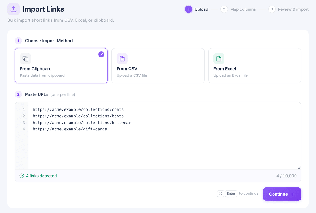 The Import Links page with four URLs pasted and four links detected