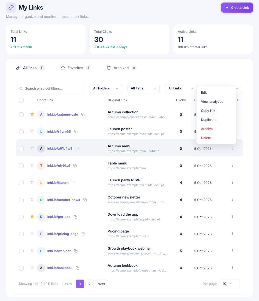 My Links with a row menu open, showing Edit, View analytics, Copy link, Duplicate, Archive and Delete