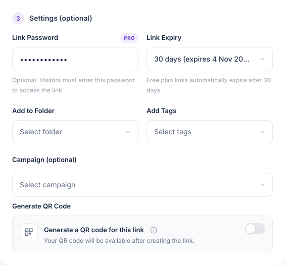 The link settings with a password entered and the expiry set to 30 days
