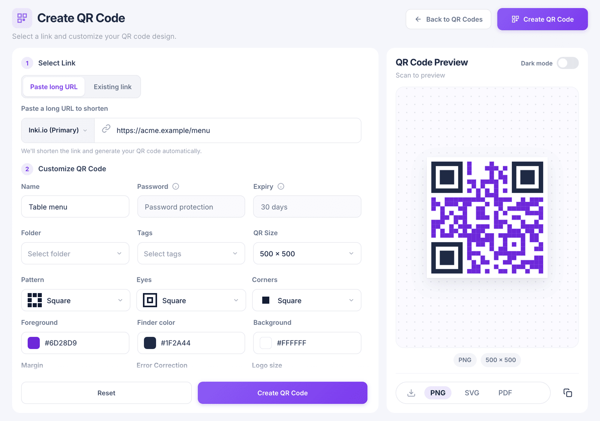 The Create QR Code page with the link and design options on the left and a purple code in the preview on the right