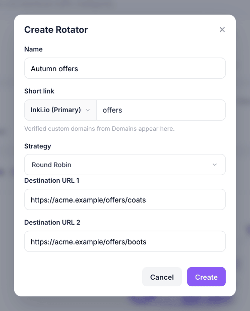 The Create Rotator dialog with a name, short link, strategy and two destination URLs