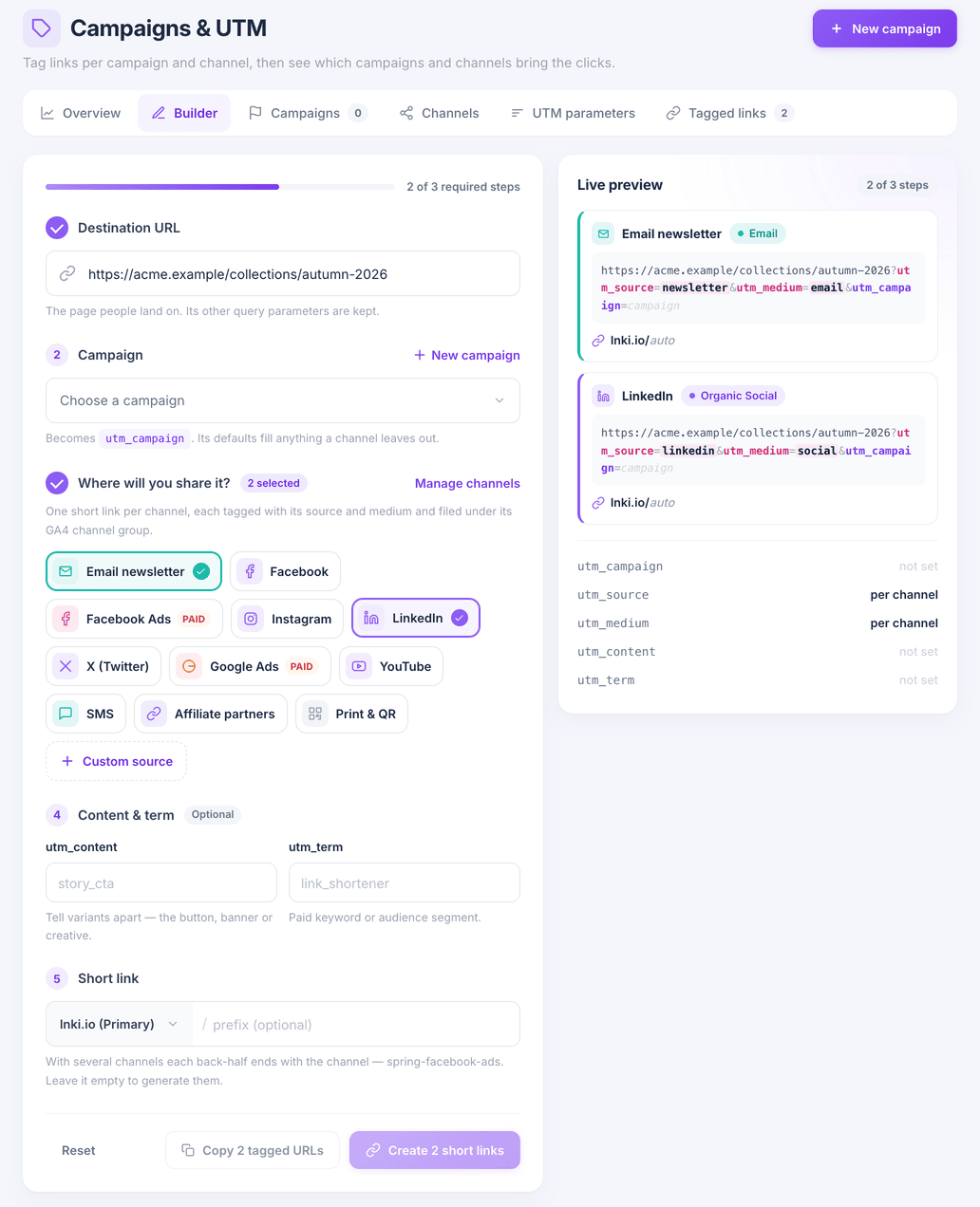 The UTM Builder with two channels selected and a live preview of both tagged URLs