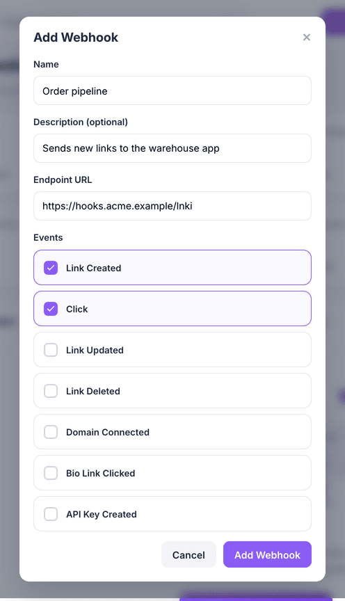 The Add Webhook dialog with an endpoint URL and the Link Created and Click events selected
